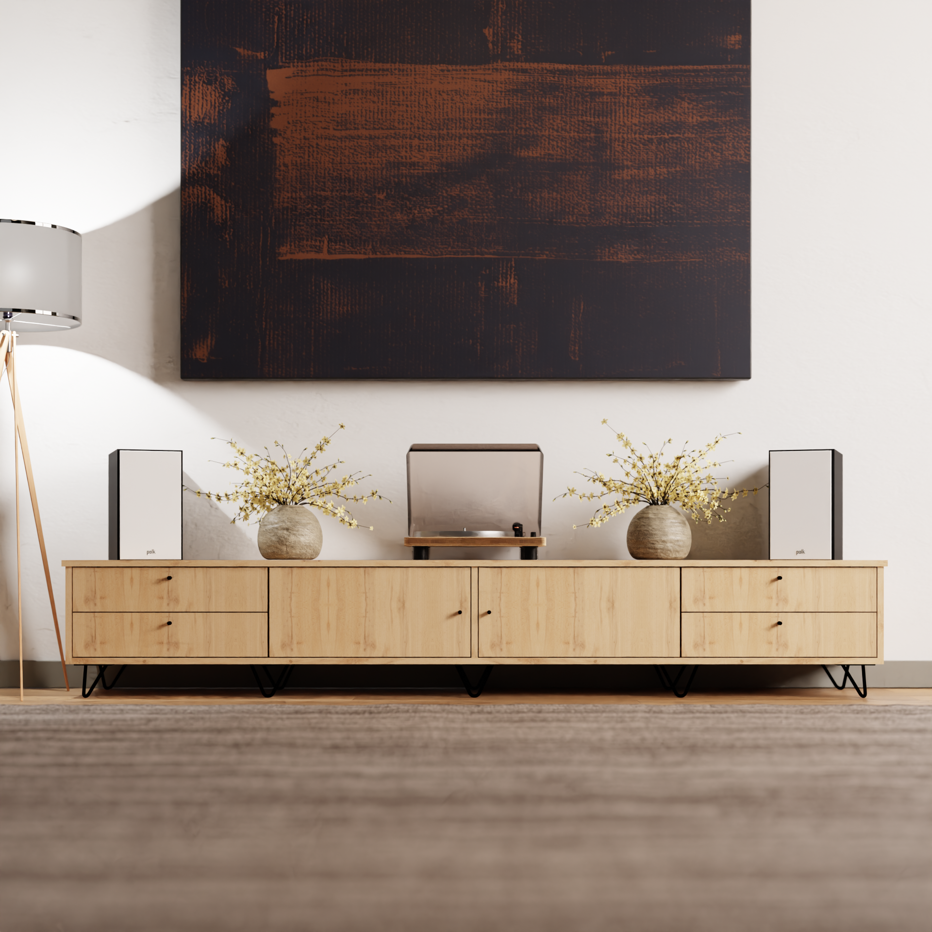 Modern living room with wooden console table TV stand, speakers, and abstract painting.