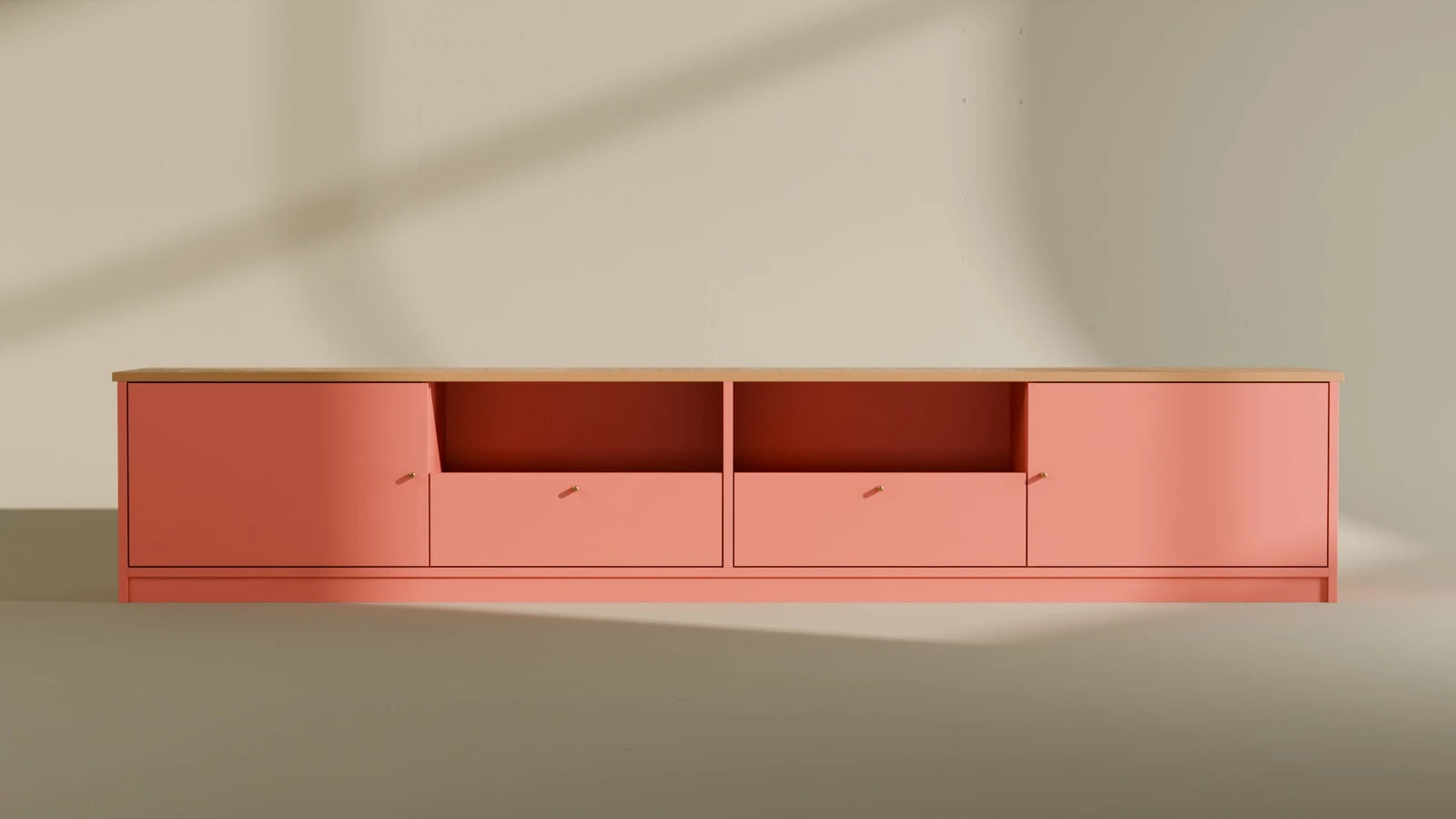 A Terracotta TV stand with an oak top, 2400 mm wide: a door at each end and two drawers under open cubbies
